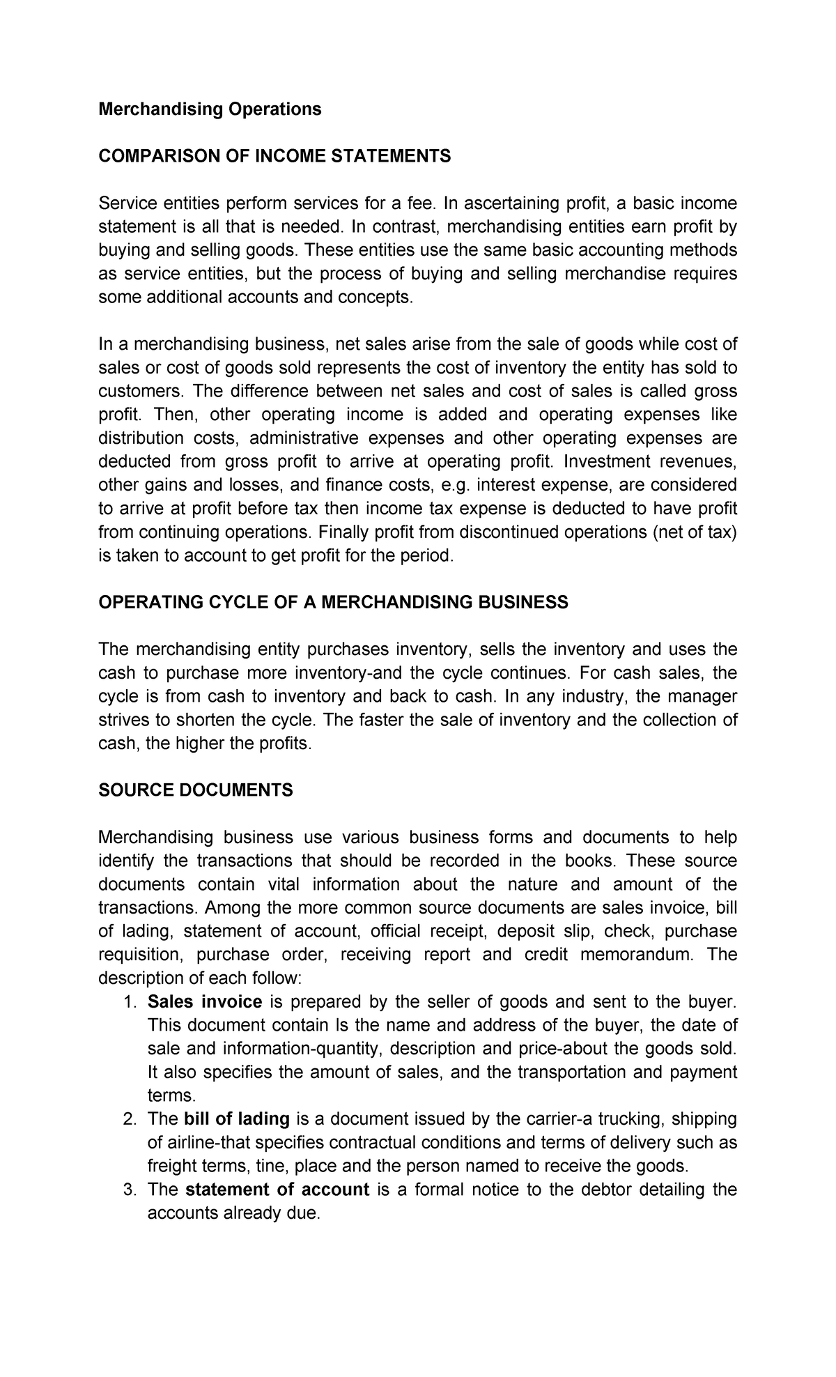 Merchandising Operations - Merchandising Operations COMPARISON OF ...