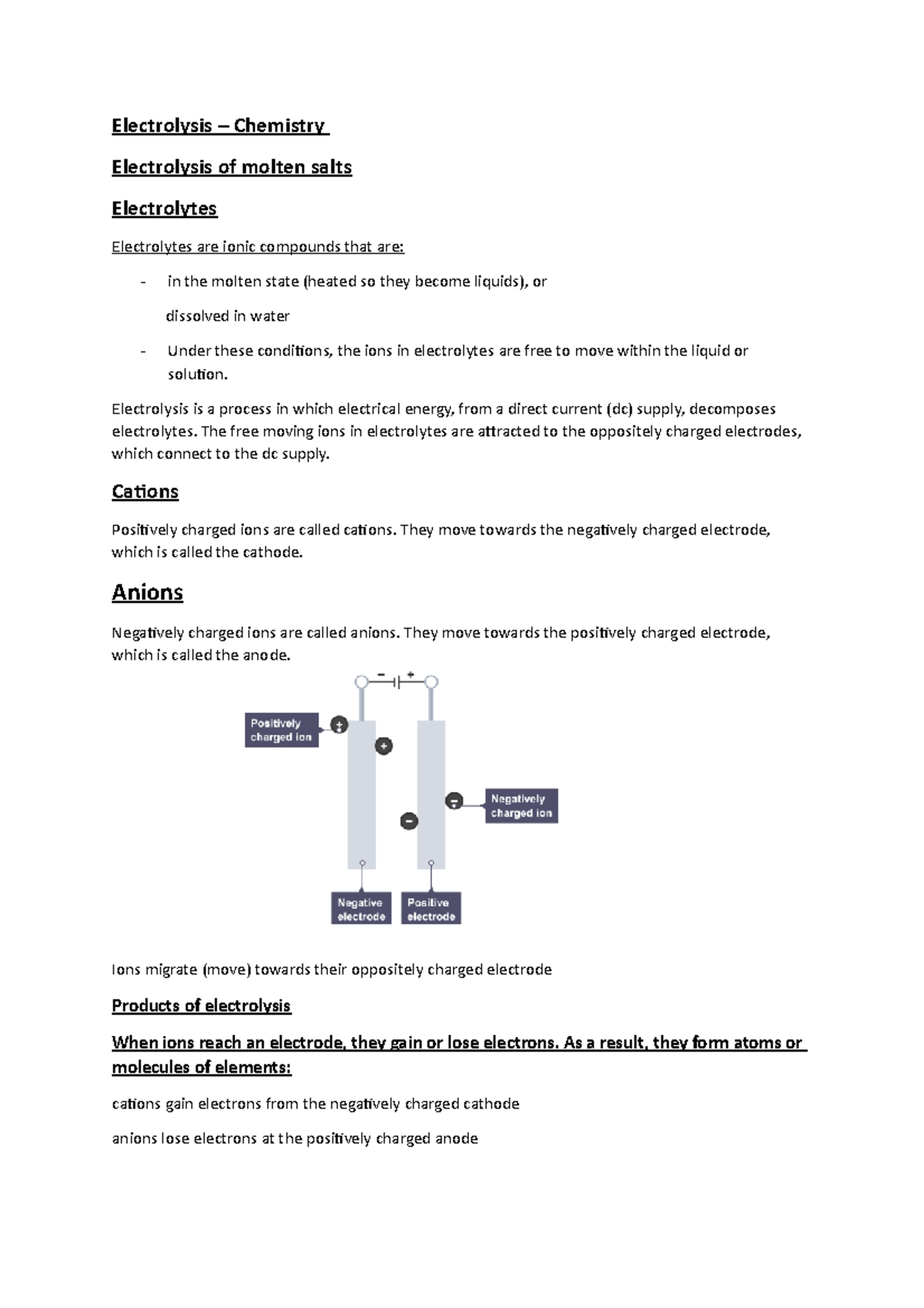 Electrolysis - Lecture Notes 1 - Electrolysis – Chemistry Electrolysis ...