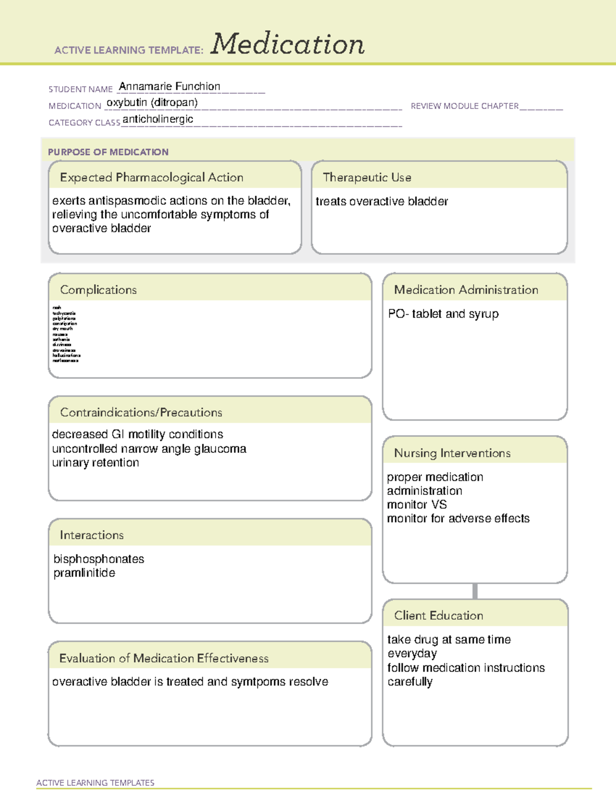 Med oxybutin - ATI - ACTIVE LEARNING TEMPLATES Medication STUDENT NAME ...