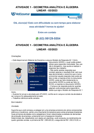 Atividade 1 - Geometria Analítica E Álgebra Linear - 53/2023 ...