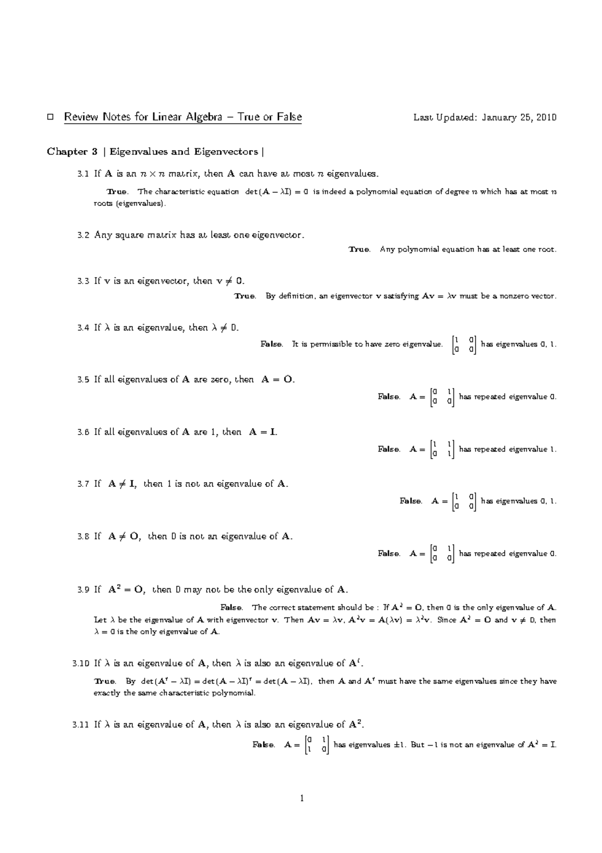 EigenStuff True or False Questions - Review Notes for Linear Algebra ...