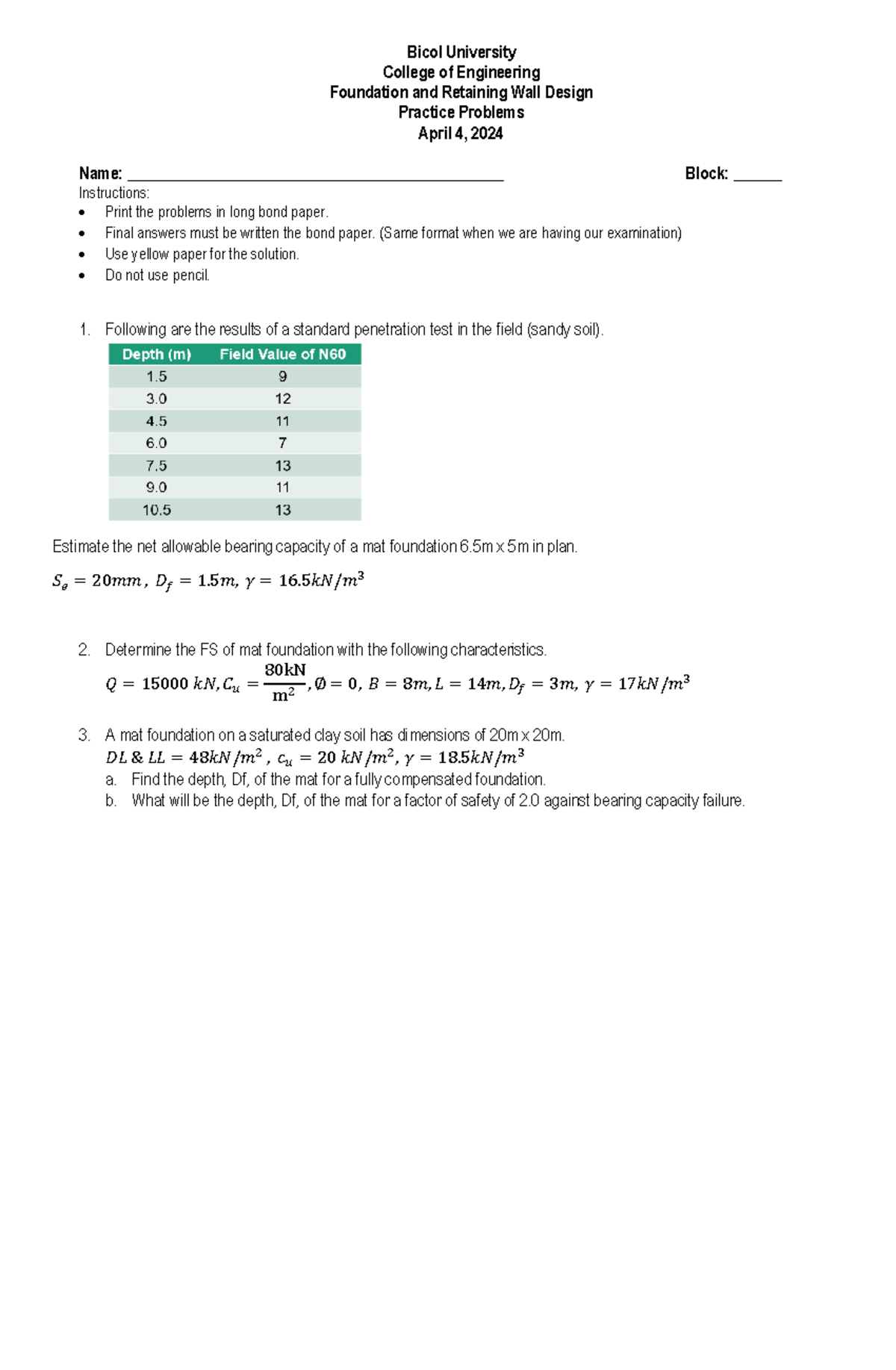 Practice-Problems 04042024 - Bicol University College of Engineering ...