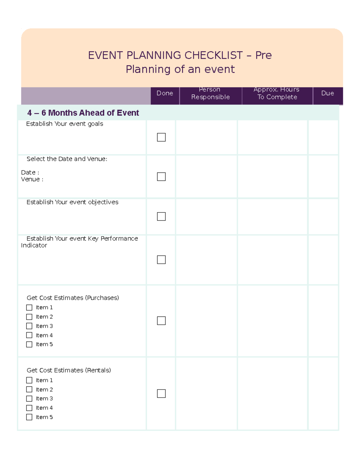 Event Planning Checklist - Done Person Responsible Approx. Hours To ...