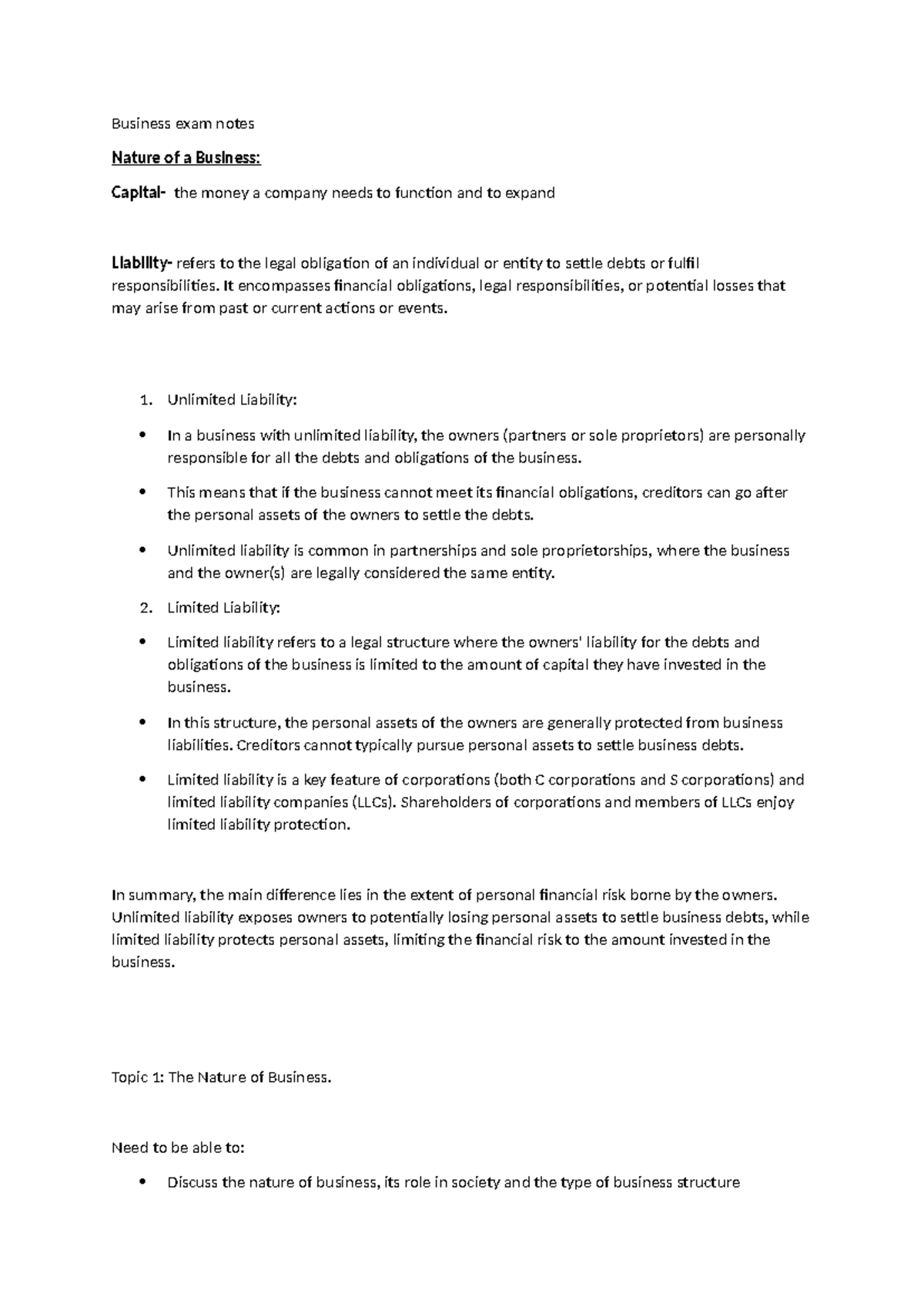 Year 11 business exam notes - Business exam notes Nature of a Business ...