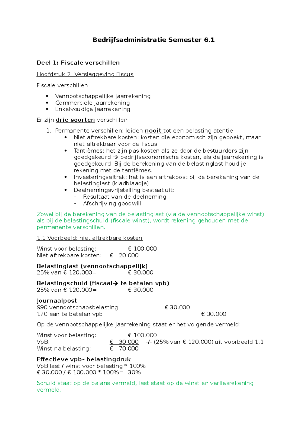 Bedrijfsadministratie Semester 6.1 Samenvatting Deel 1 Fiscale ...