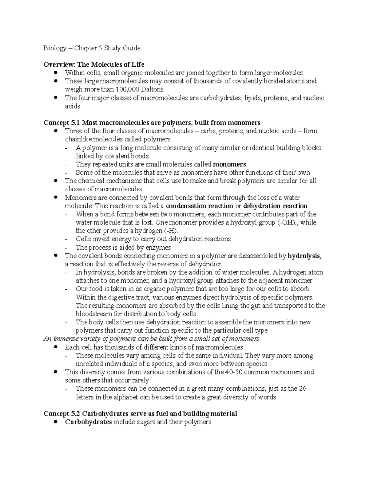 Biology Ch.5 Study Guide - Biology – Chapter 5 Study Guide Overview ...