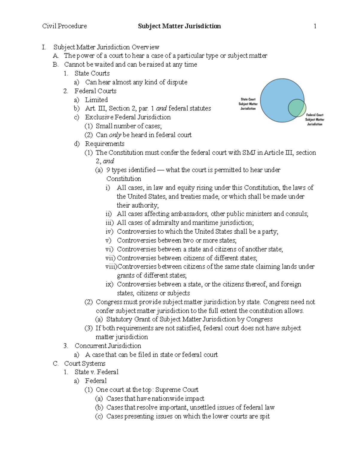 Subject Matter Jurisdction Outline - I. Subject Matter Jurisdiction ...