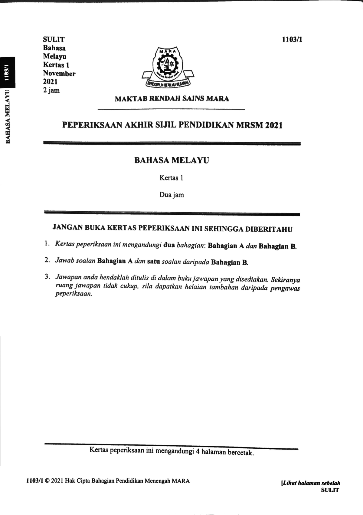 MRSM Trial Paper K1 - Bahasa Melayu Tingkatan 1-5 - Studocu