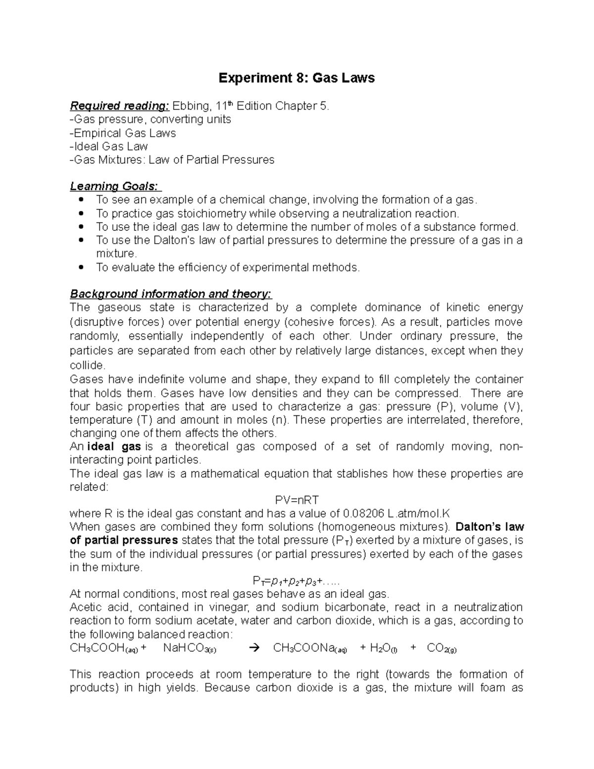 Experiment 8 Gas Laws Lab instructions Experiment 8 Gas Laws