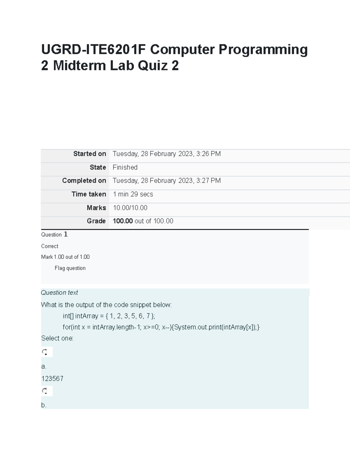 UGRD-ITE6201F Computer Programming 2 Midterm Lab Quiz 2 - Grade 100 Out ...