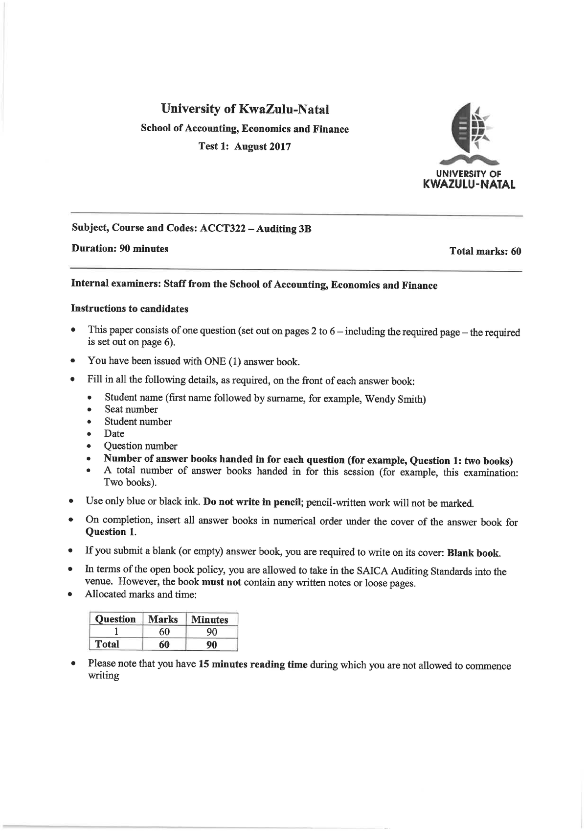 2017 Past Paper - Auditing 3B, Auditing 322 - ACCT312 - UKZN - Studocu