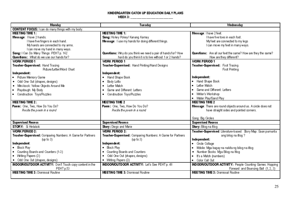 Kindergarten Lesson Plan Week 3 - KINDERGARTEN CATCH UP EDUCATION DAILY ...