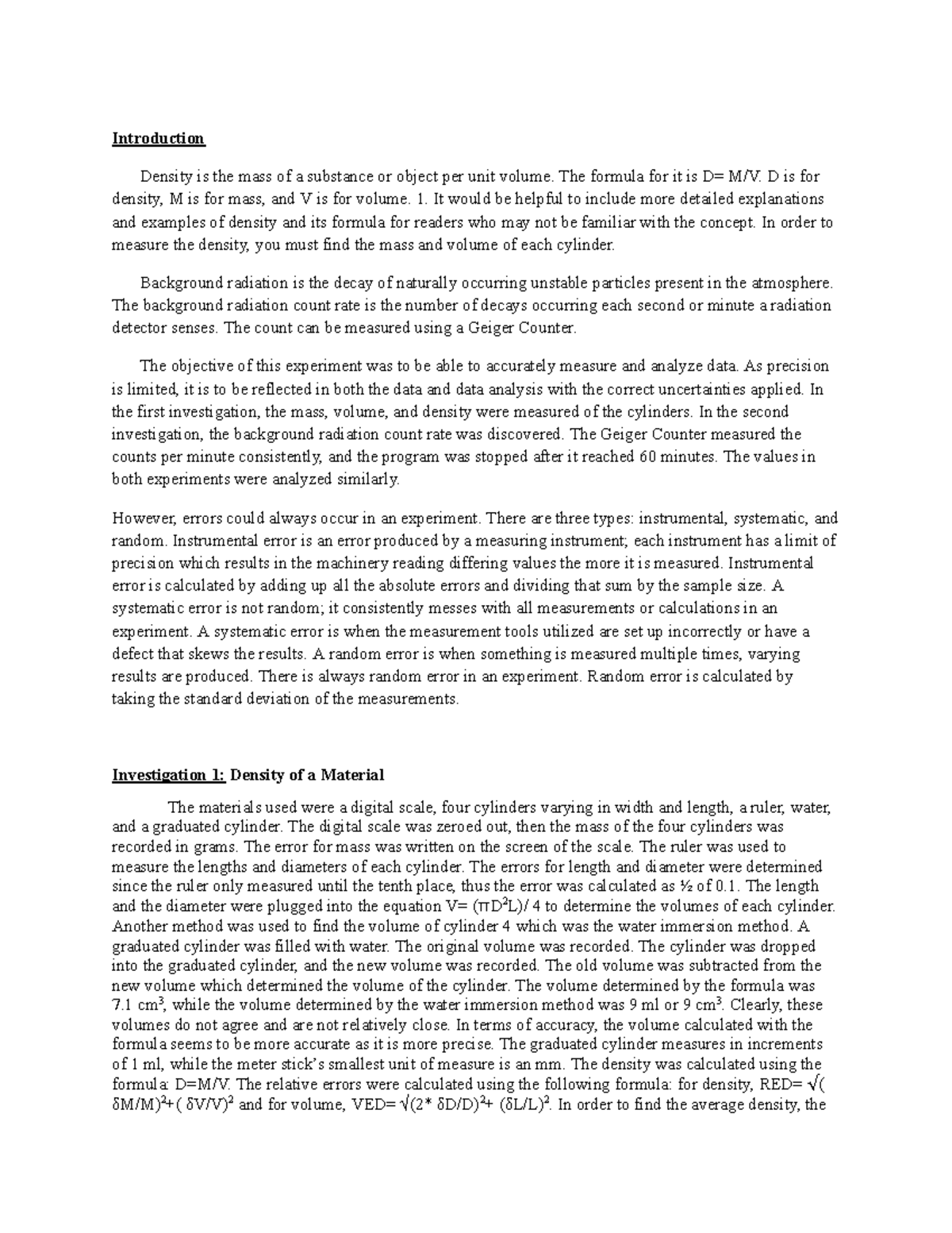 Studoc 1 Lab Report - experiment 1- measurement - Introduction Density ...