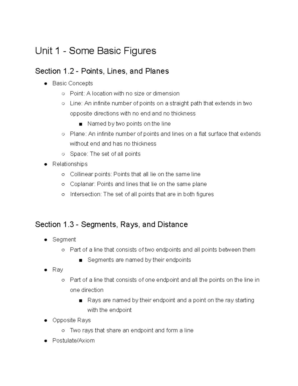 Geometry Unit 1 Notes - Basic Figures - Unit 1 - Some Basic Figures ...