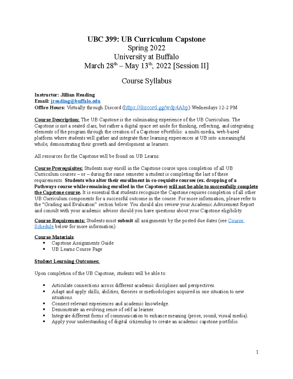 UBC Syllabus UBC 399 UB Curriculum Capstone Spring 2022 University