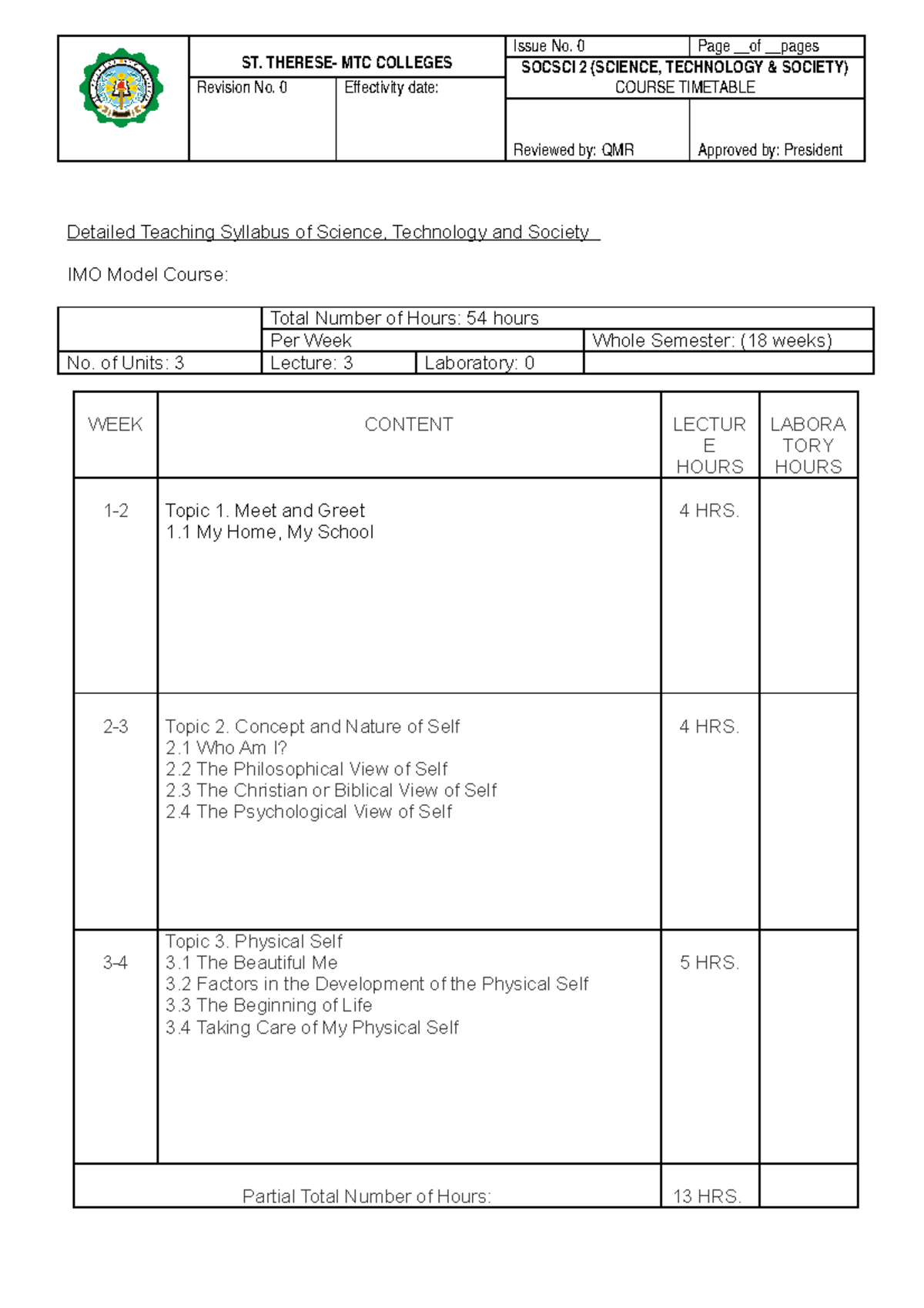 SS1-Timetable ss1 time - . E ST. MTC COLLEGES Revision No. 0