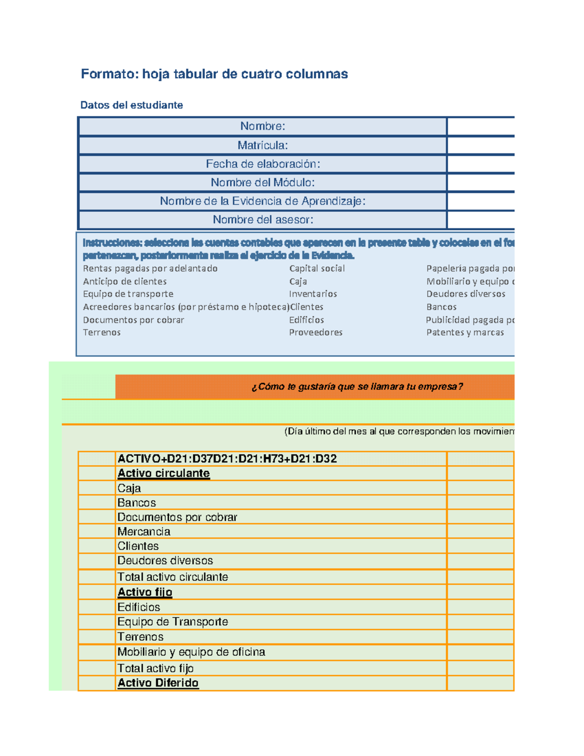 Estructura del Balance General - Formato: hoja tabular de cuatro ...