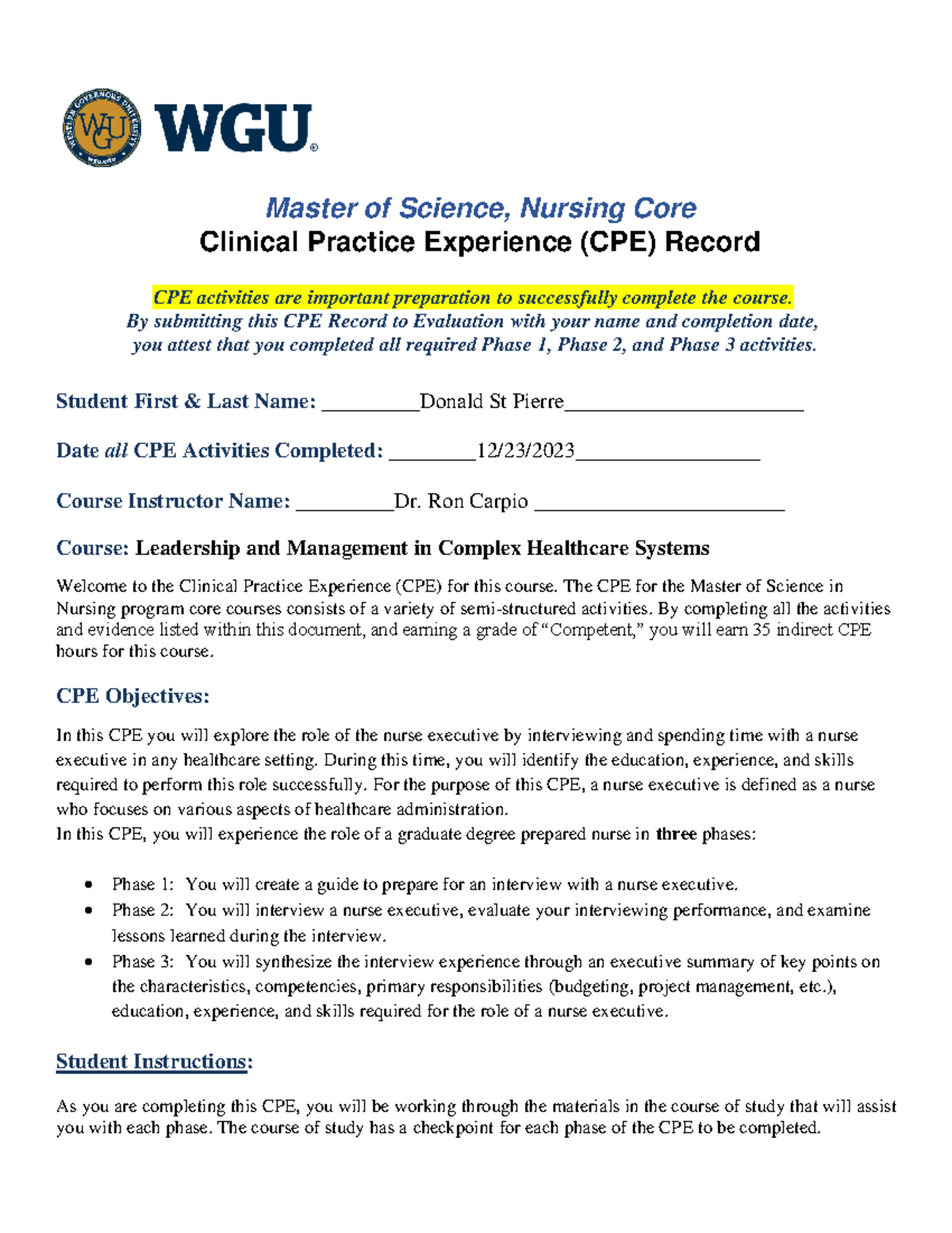 CPE Record D030 Live 2 - Master of Science, Nursing Core Clinical ...