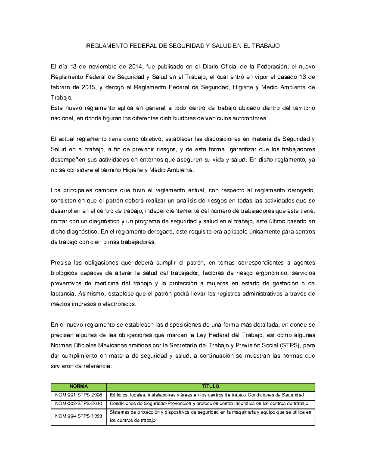 Resumen Reglamento Federal de Seguridad y Salud en el Tr REGLAMENTO
