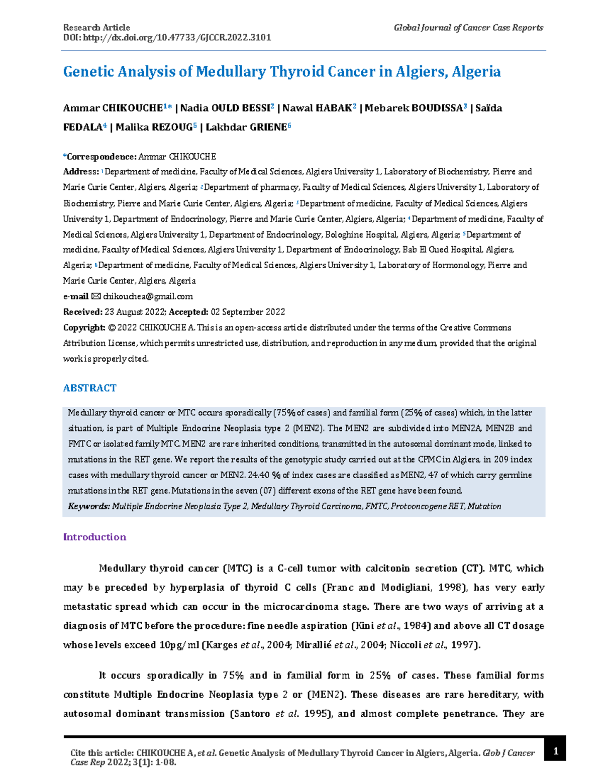 Genetic Analysis of Medullary Thyroid Cancer in Algiers - Research ...