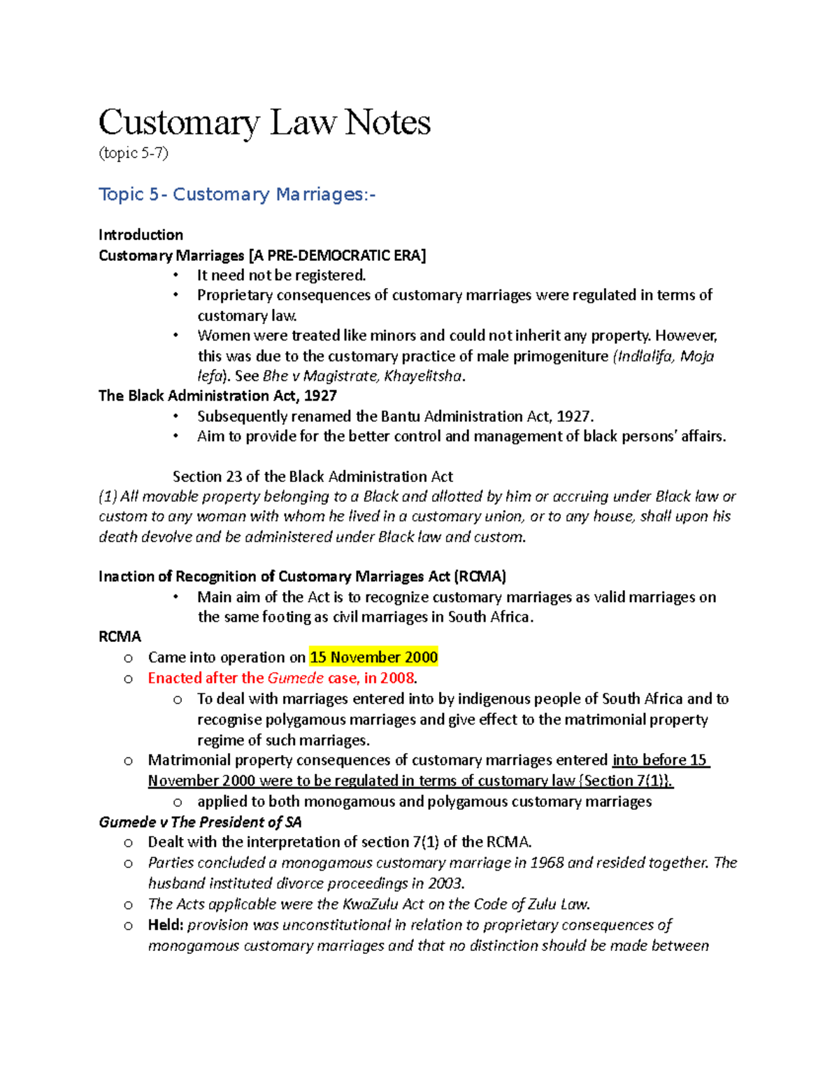 Customary Law Notes Topic 5 7 Customary Law Notes Topic 5 7 Topic 5 Customary Marriages Customary Law Notes Topic 5 7 Customary Law Notes Topic 5 7 Topic 5 Customary Marriages