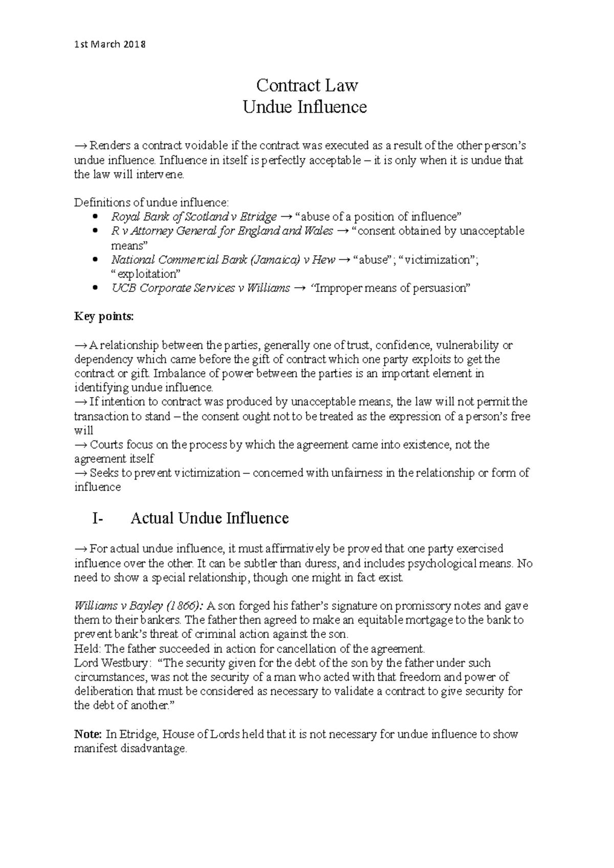 Contract Law - Undue Influence - 1st March 2018 Contract Law Undue ...