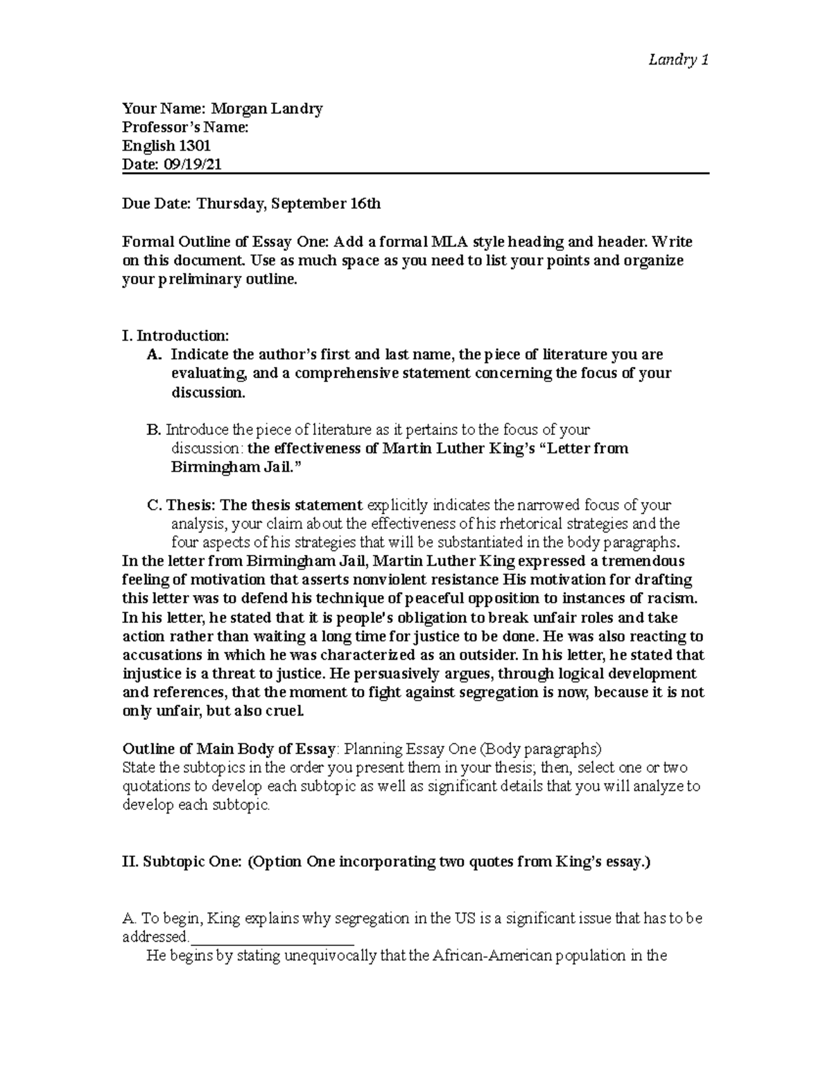 Essay One Outline - Landry 1 Your Name: Morgan Landry Professor’s Name ...