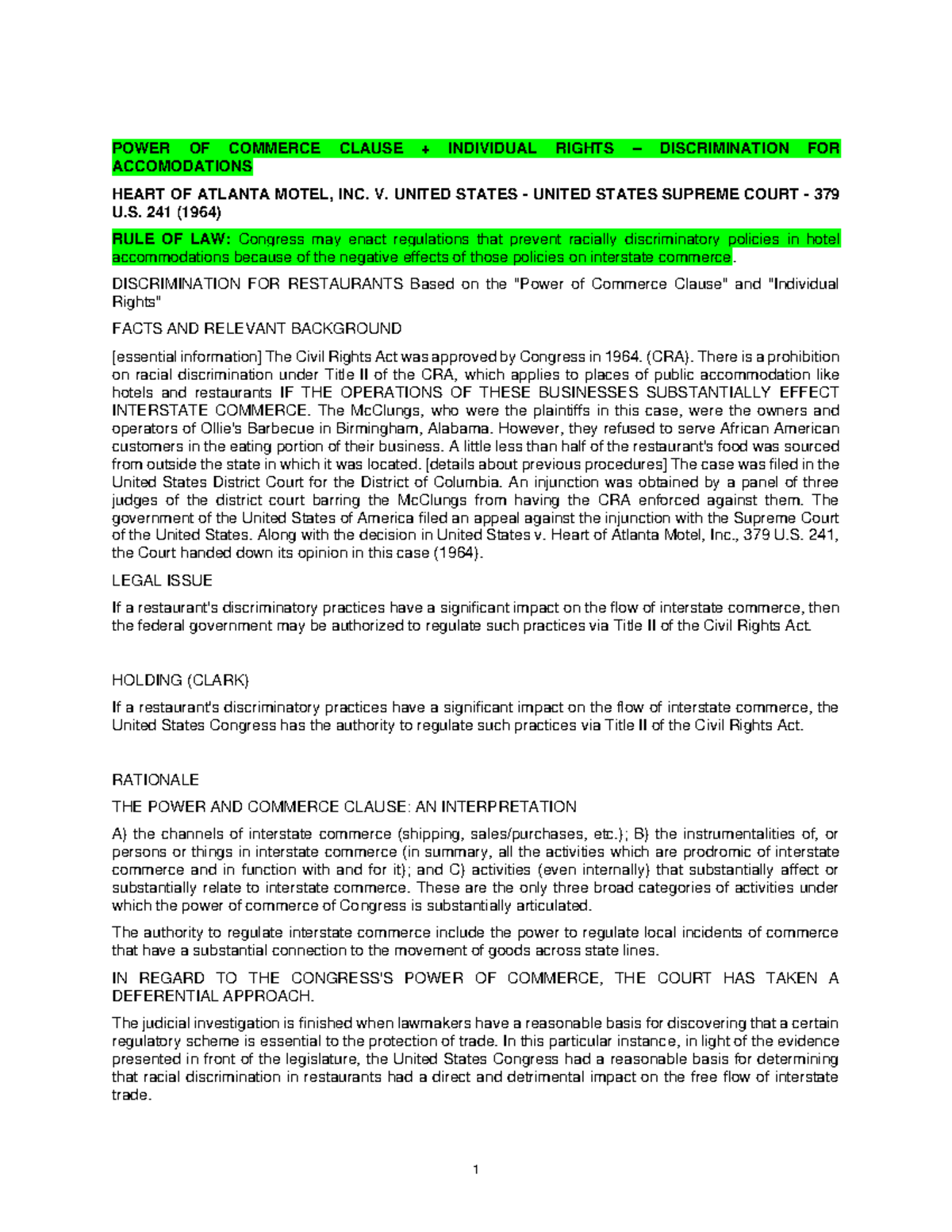 CASE BRIEF KATZENBACH V. MCCLUNG - SUMMARY + CLASS NOTES. - 0404 ...