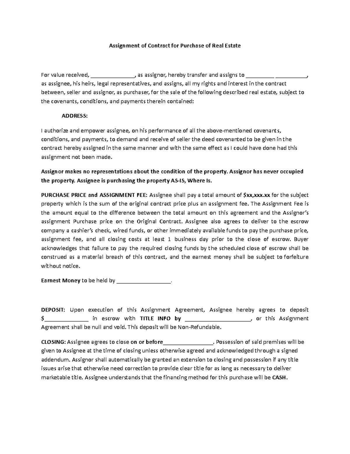 Assignment Of Contract Template - Assignment Of Contract For Purchase 