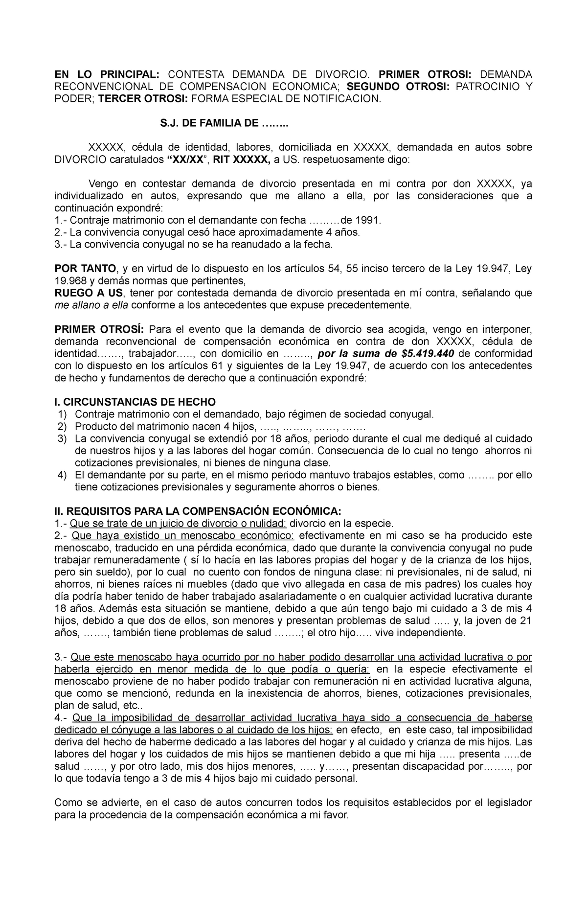 Contestacion DDA Divorcio Y DDA Reconv Compensacion Economica - EN LO  PRINCIPAL: CONTESTA DEMANDA DE - Studocu