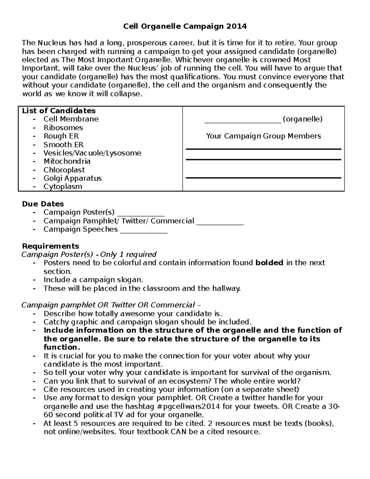 Cell Organelle Campaign - Your Group Has Been Charged With Running A 