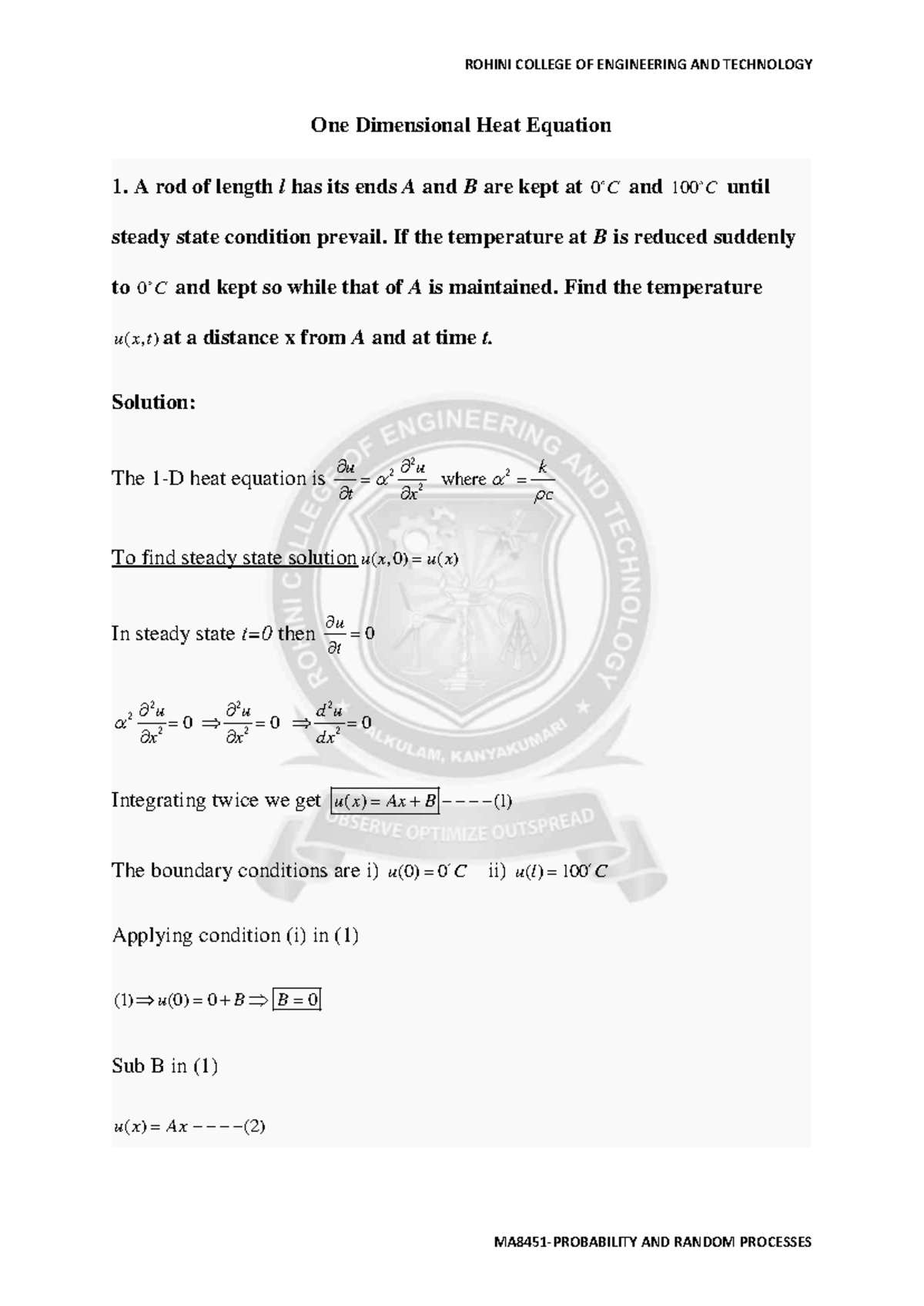 Rohini 99677630456 - Good - One Dimensional Heat Equation 1. A rod of ...