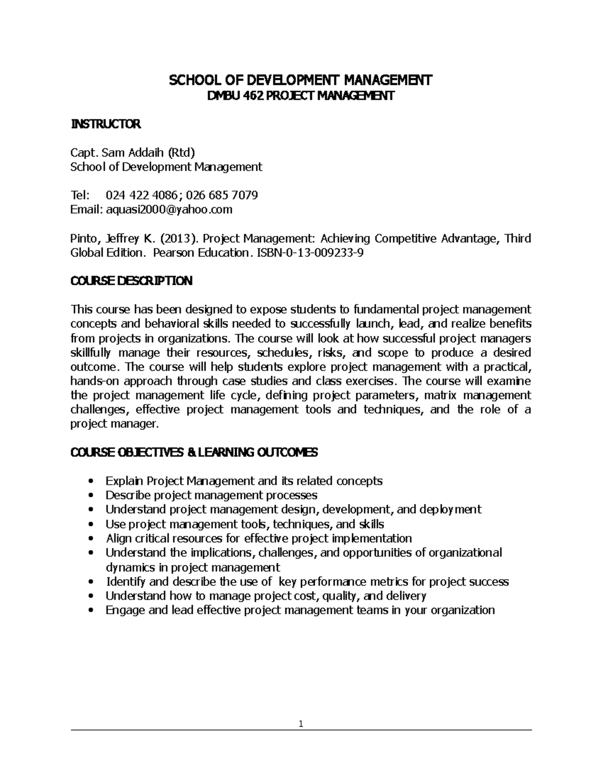 Project Management Course Outline - SCHOOL OF DEVELOPMENT MANAGEMENT ...