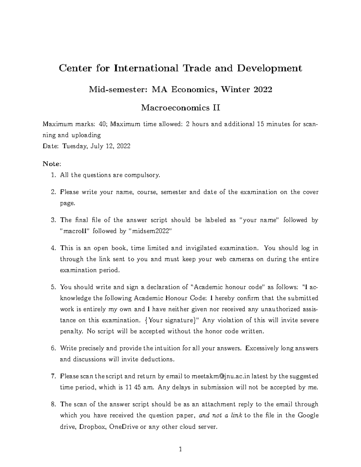 Questionpaper Macro II Midterm 2022 - Center for International Trade ...