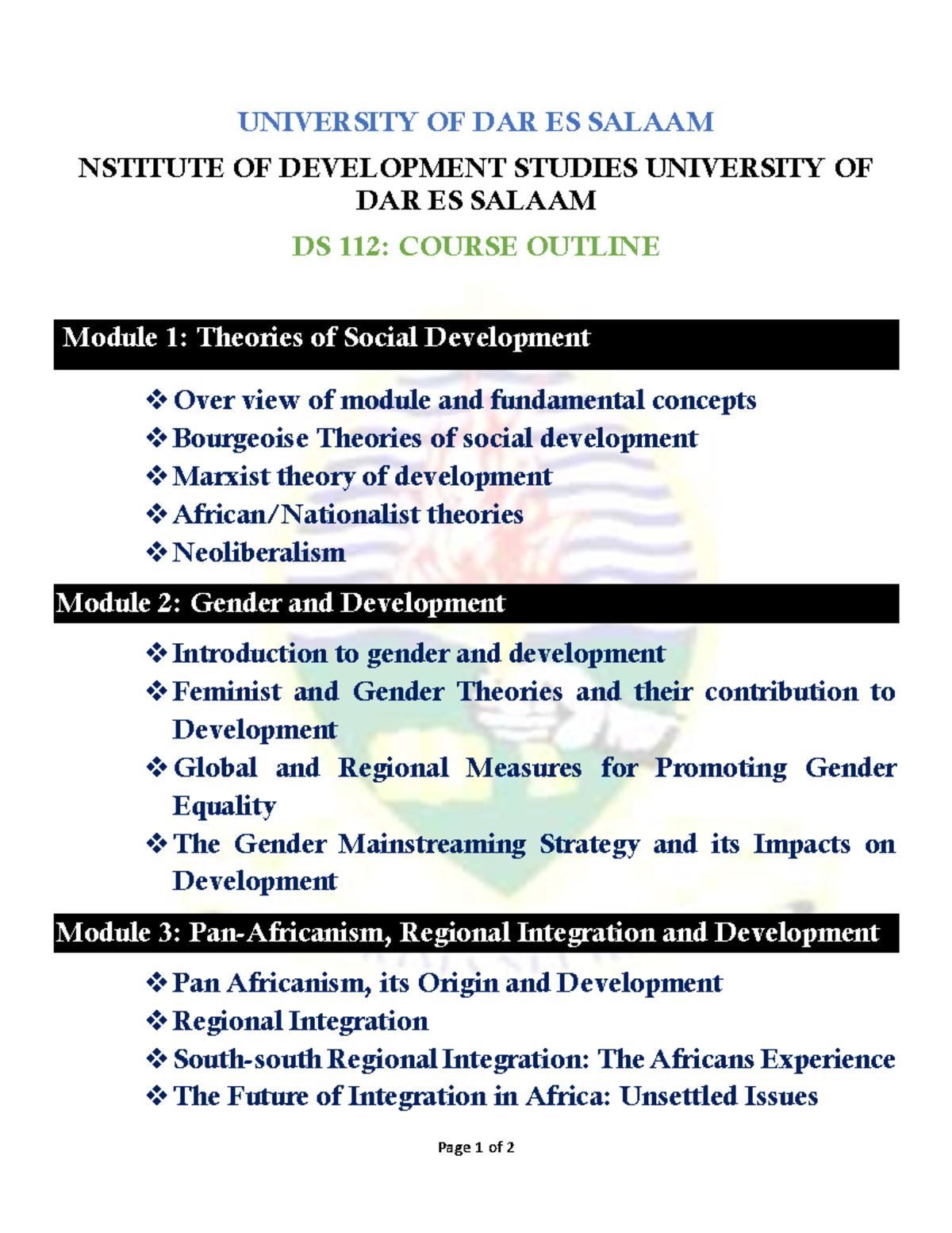 DS 112 Course Outline - Page 1 of 2 UNIVERSITY OF DAR ES SALAAM ...