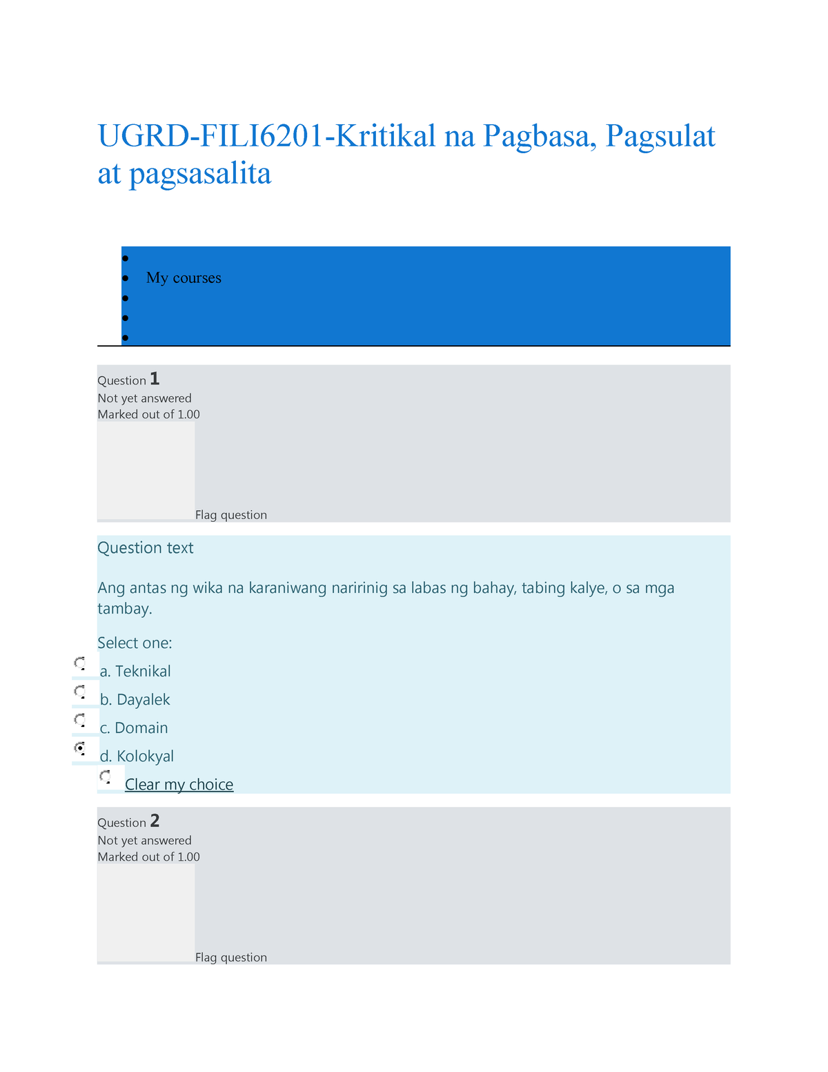 Filipino-quiz-1 - Reviewer - Kritikal - Studocu