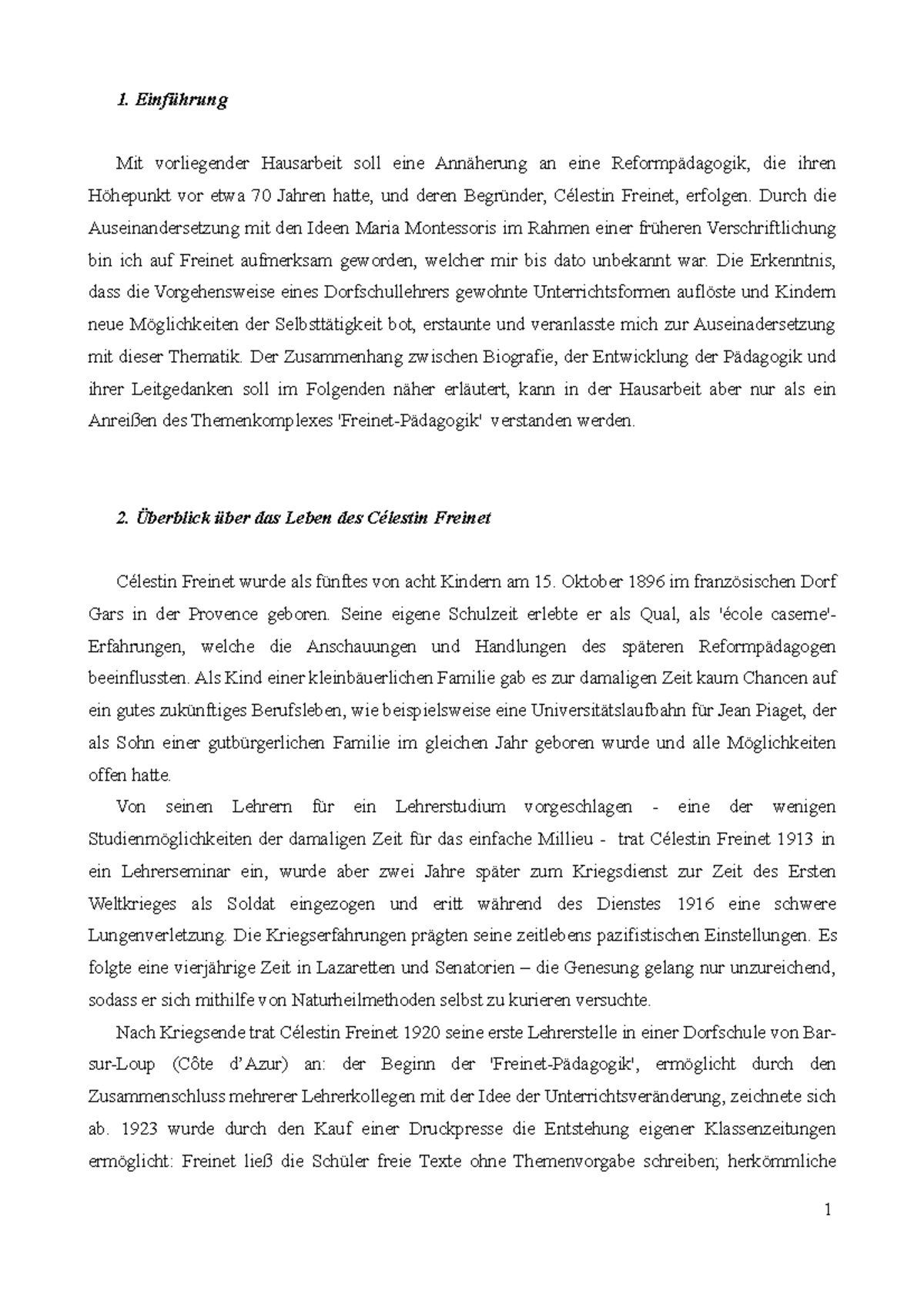 Hausarbeit Einleitung Beispiel Pdf Freinet Hausarbeit - Einführung Mit vorliegender Hausarbeit soll eine