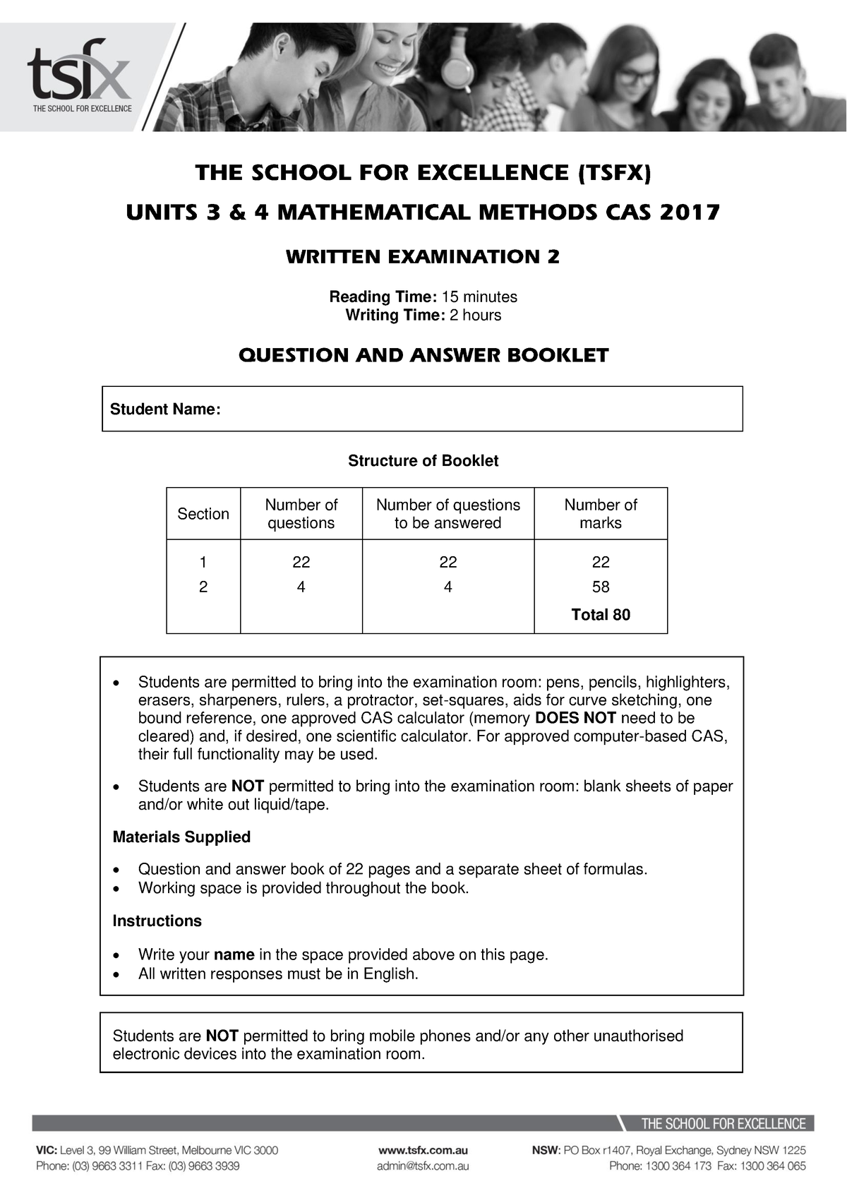 [VCE Methods] 2017 TSFX Exam 2 - Reading Time: 15 Minutes Writing Time ...