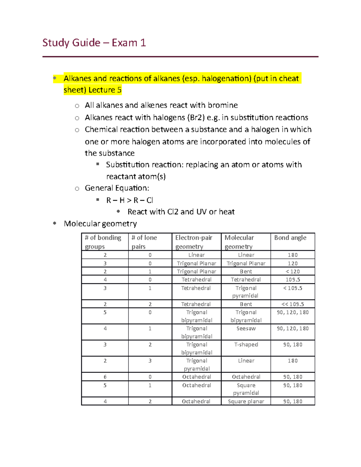 Study Guide Exam 1 - Study Guide – Exam 1 Alkanes and reactions of ...