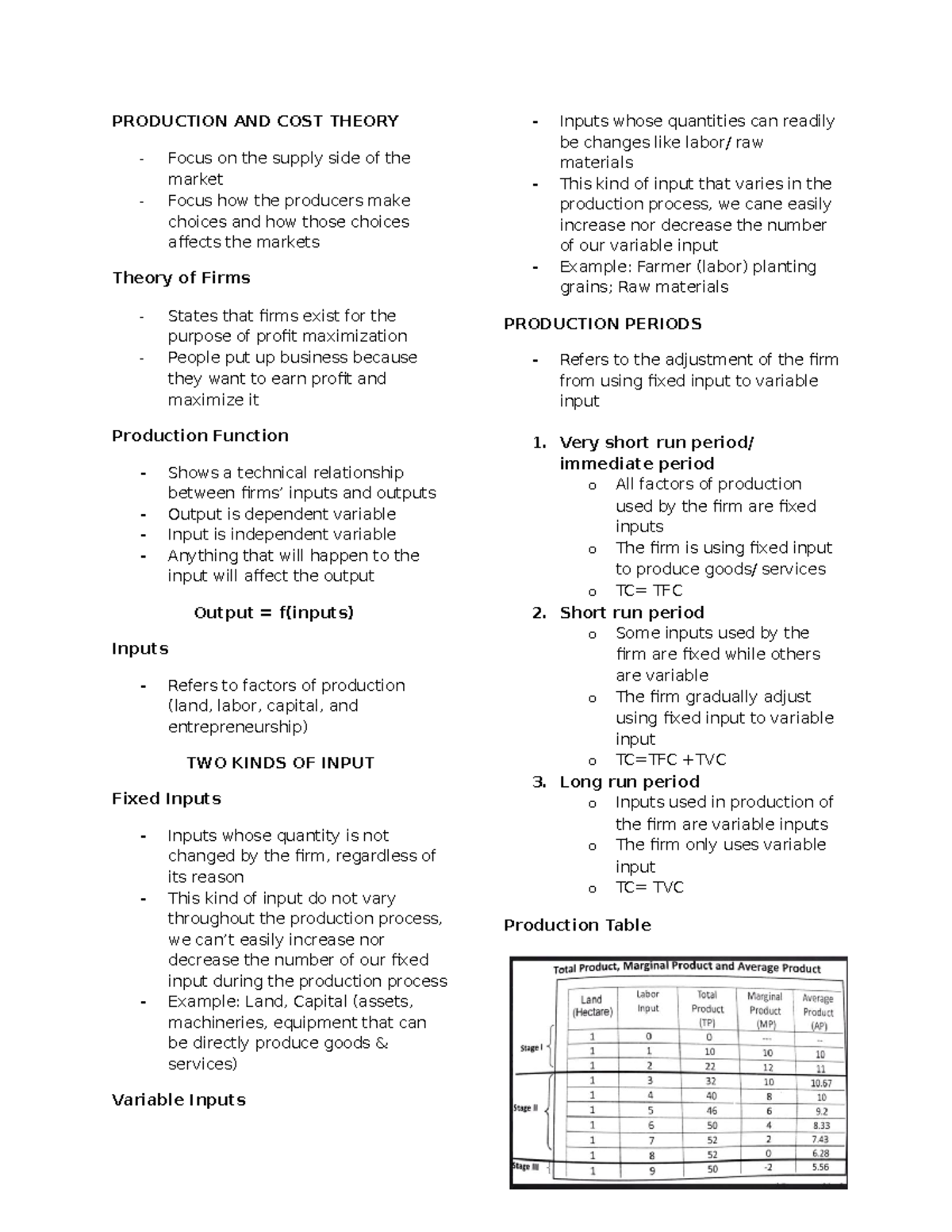 Economics - PRODUCTION AND COST THEORY Focus on the supply side of the ...