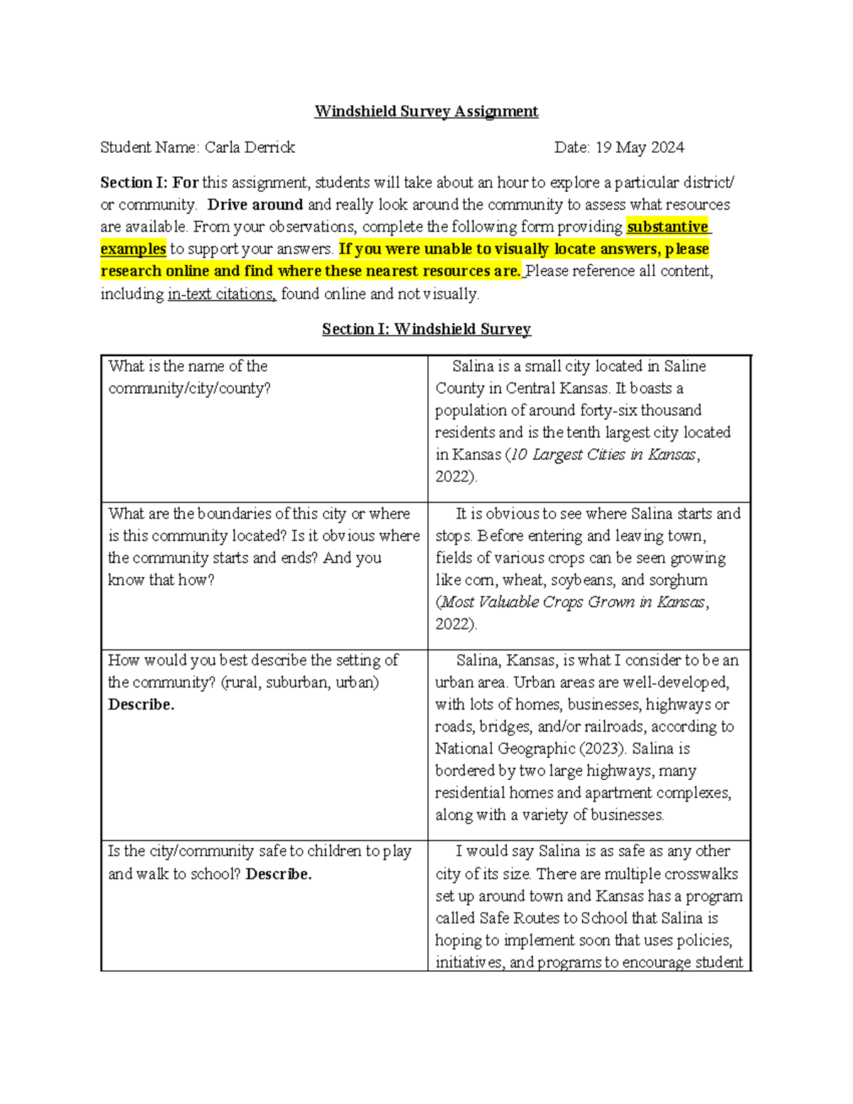 Windshield Survey (Salina) - Windshield Survey Assignment Student Name ...