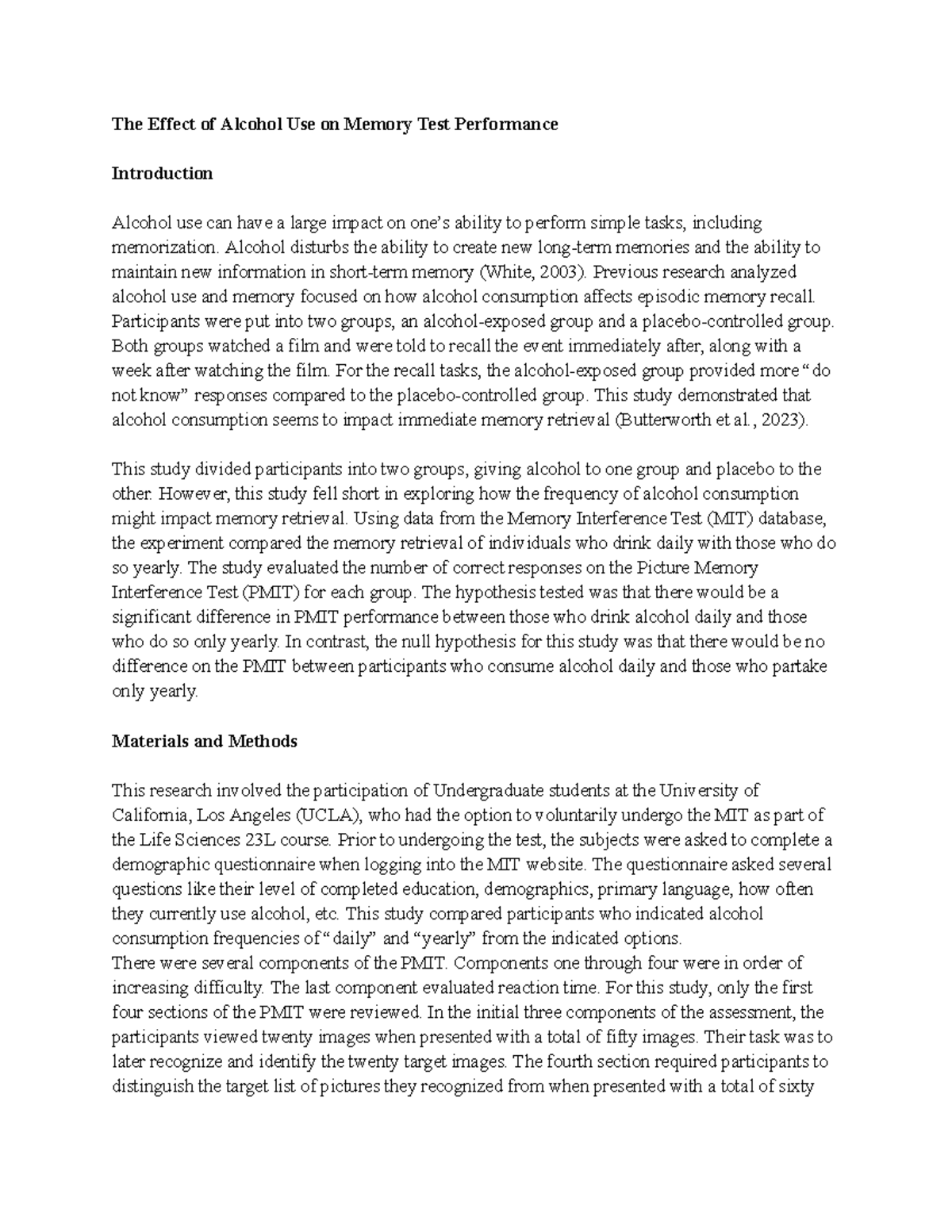 LS 23L Writing Assingnment 1 - The Effect of Alcohol Use on Memory Test ...