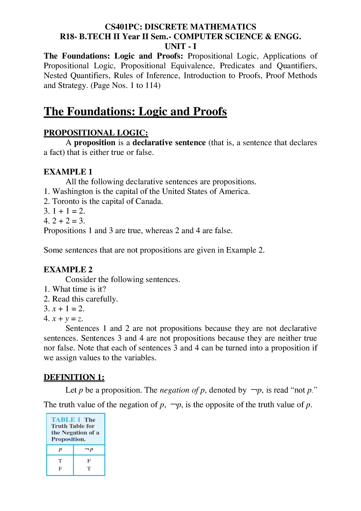 UNIT I - Discrete Mathematics Lecture Notes - CS401PC: DISCRETE ...