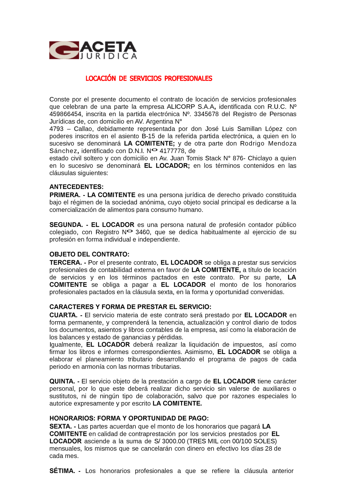 Contrato De Locación Semana 12 LocaciÓn De Servicios Profesionales Conste Por El Presente 4834