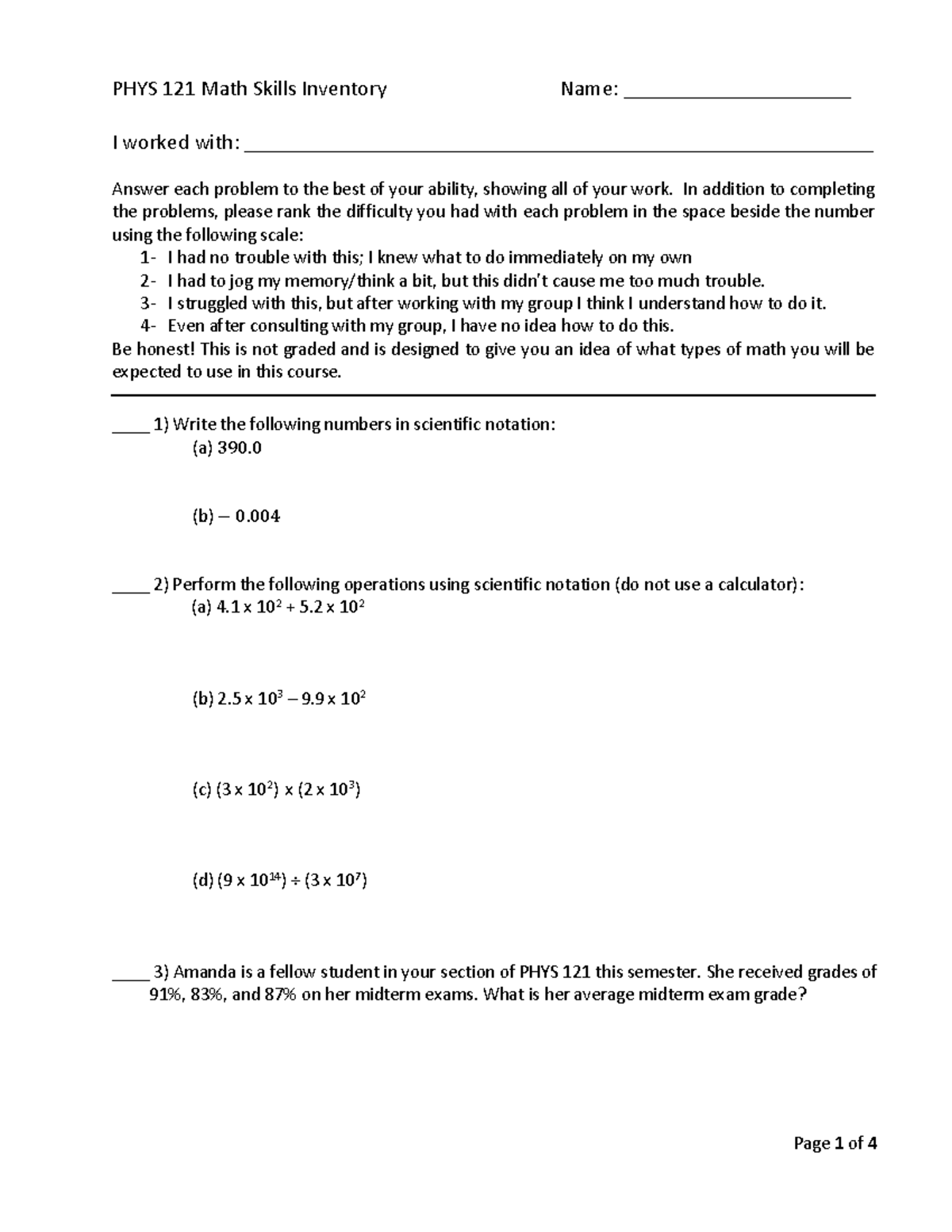 Worksheet Pre Week Math Inventory - PHYS 121 Math Skills Inventory Name