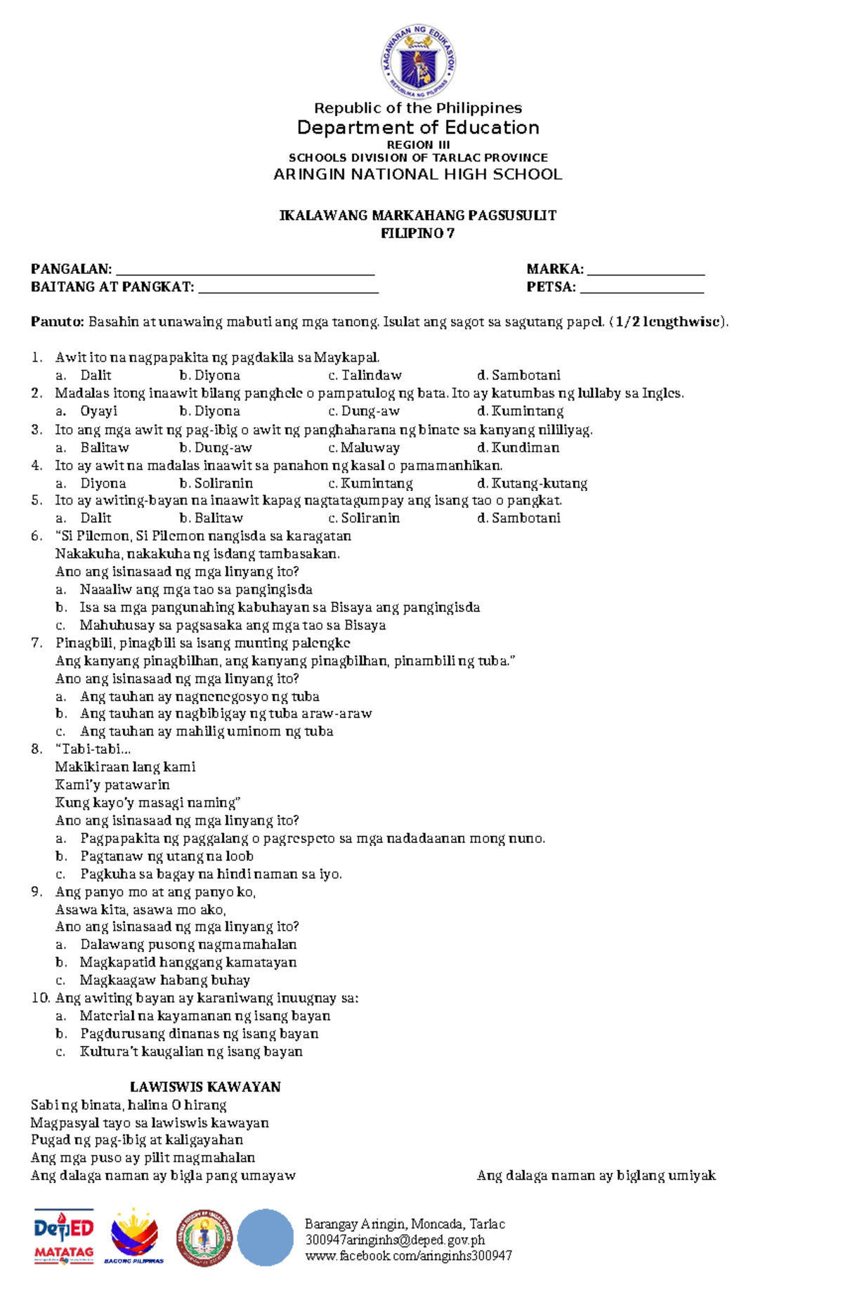Periodical Test - Barangay Aringin, Moncada, Tarlac 300947aringinhs ...