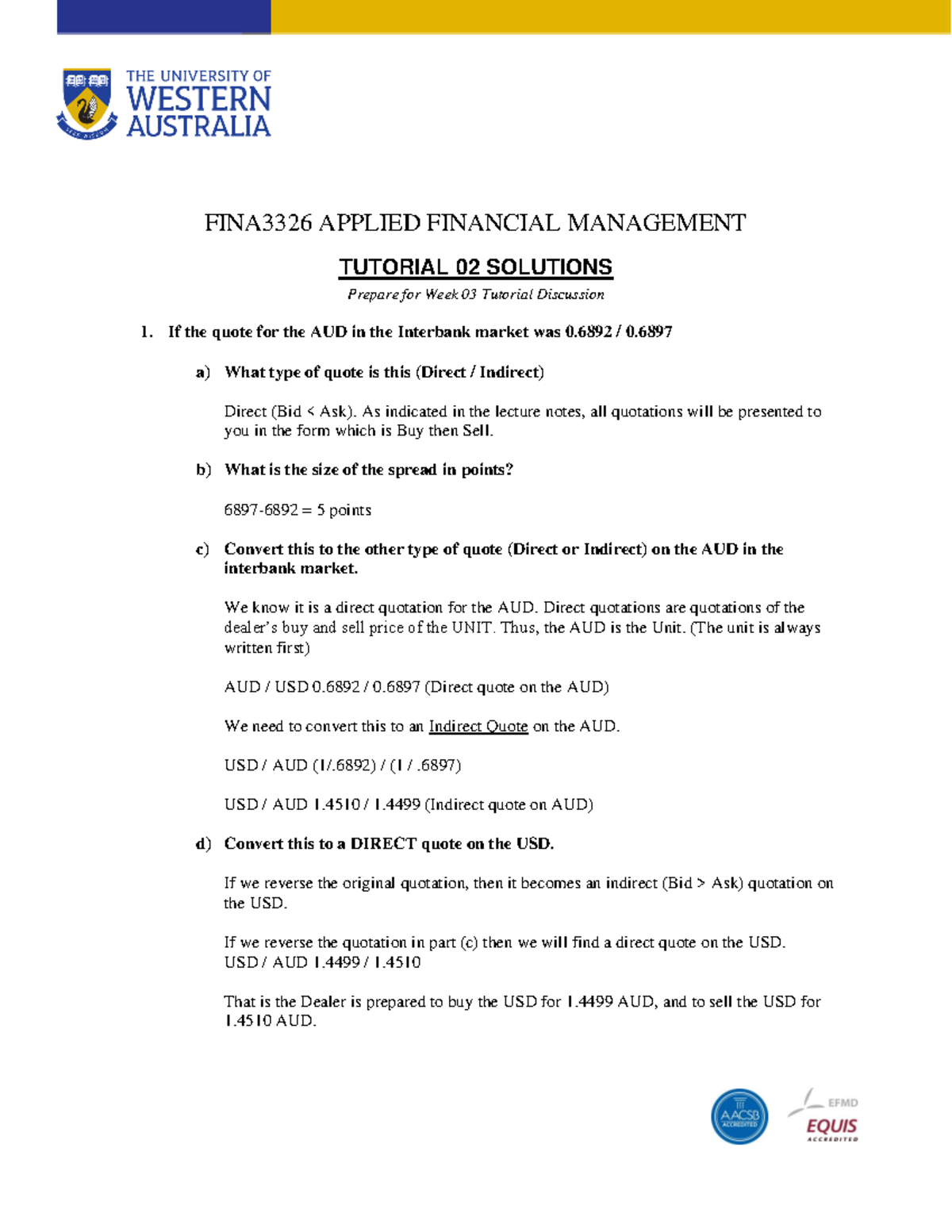 Tutorial Solutions 02 2022 - FINA3326 APPLIED FINANCIAL MANAGEMENT ...