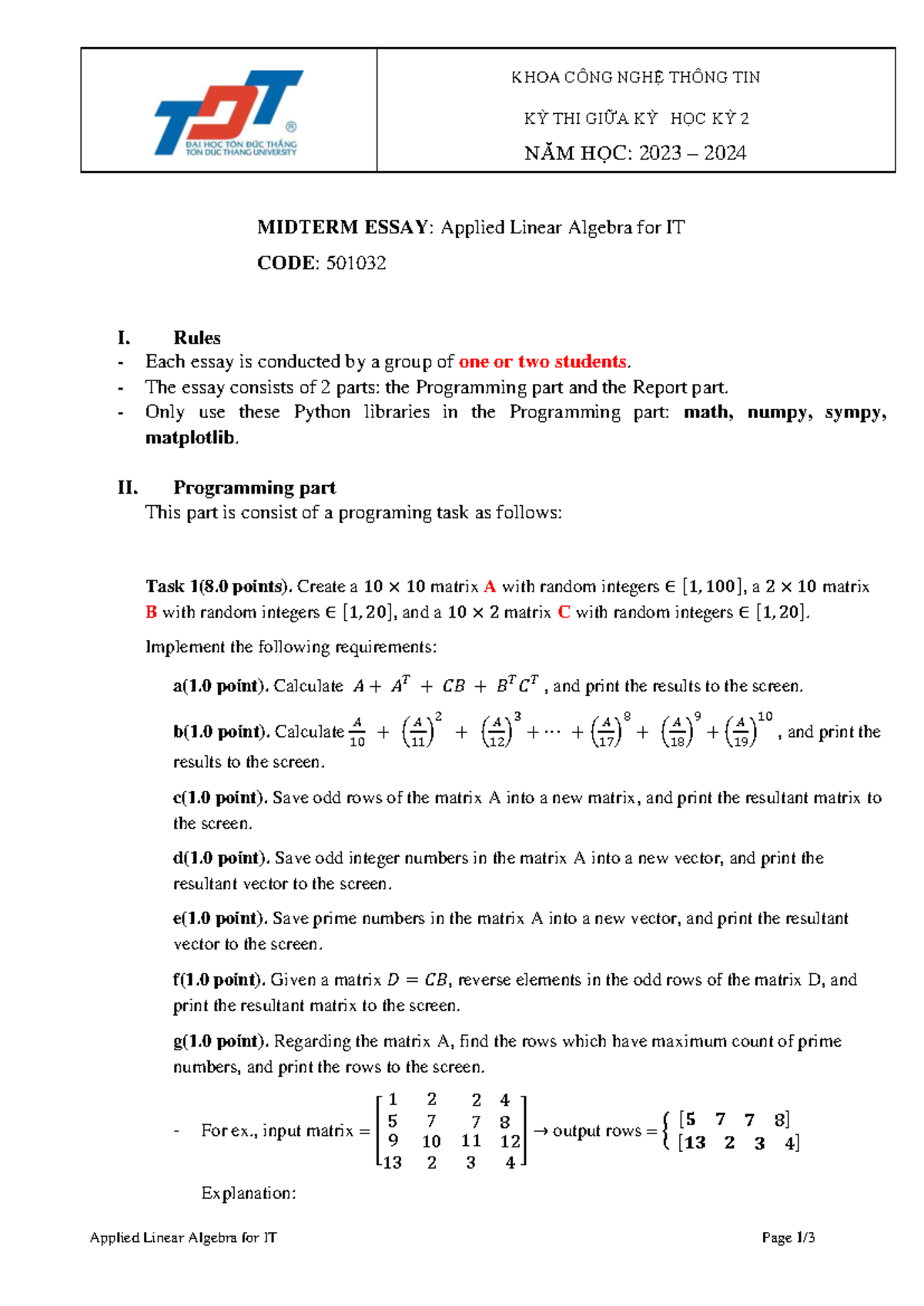 Essay Algebra 2024 - Mẫu - KHOA CÔNG NGHỆ THÔNG TIN KỲ THI GIỮA KỲ HỌC ...