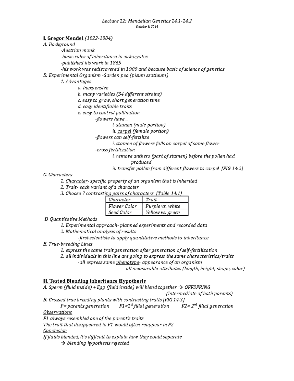 Lecture 12 Notes - Lecture 12: Mendelian Genetics 14.1-14 October 9 ...