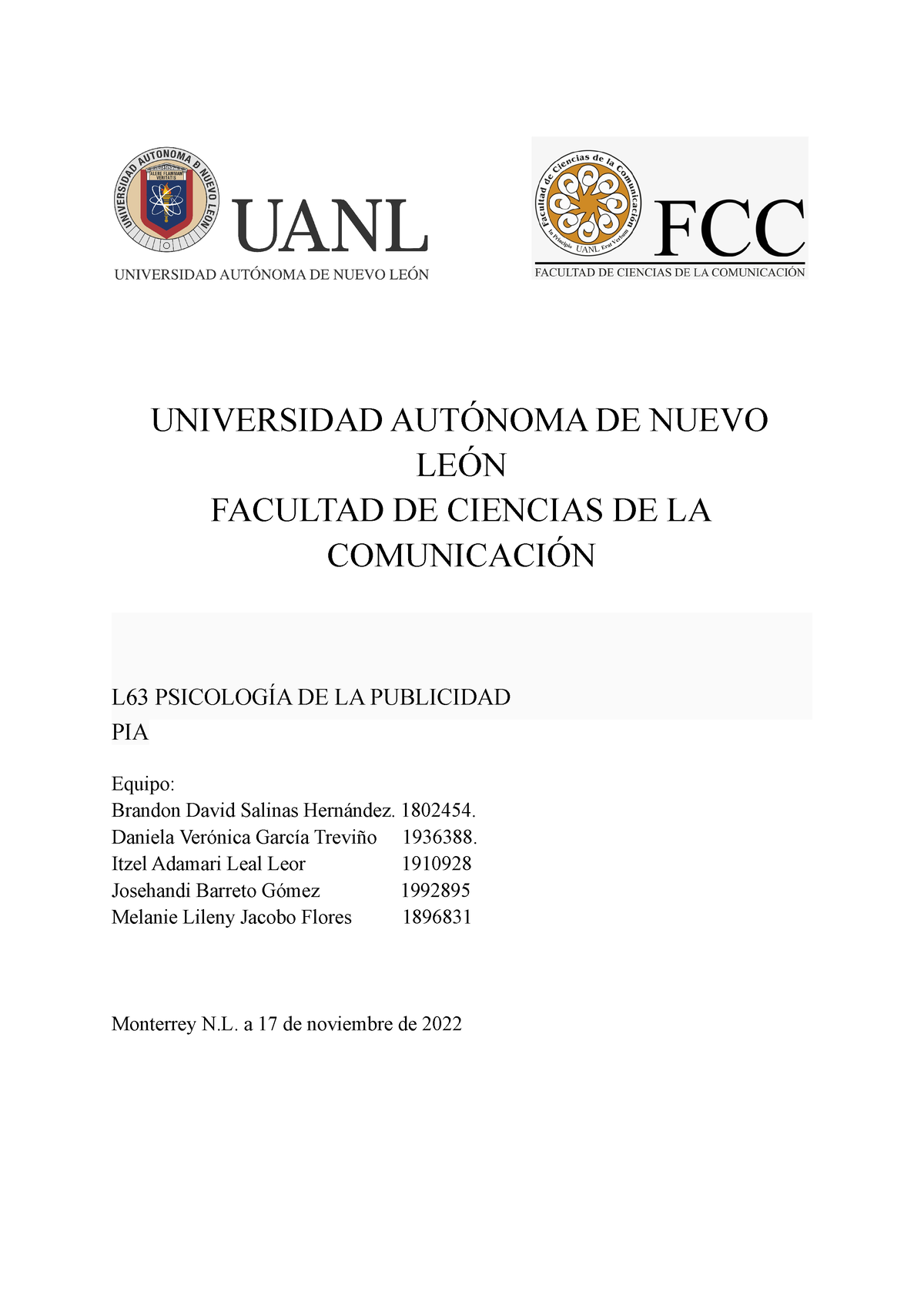 Pia Psicología De La Publicidad Universidad AutÓnoma De Nuevo LeÓn Facultad De Ciencias De La 4545